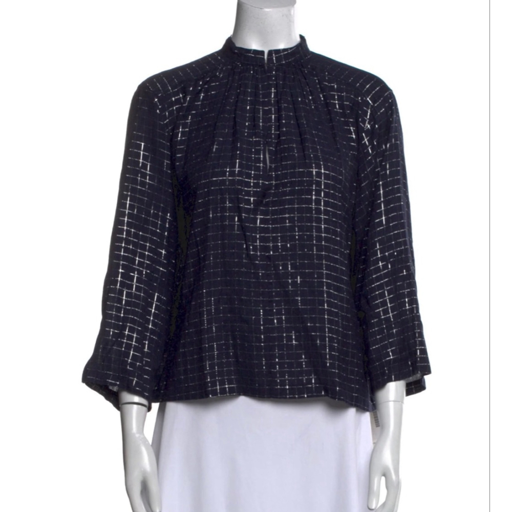 Women's Apiece Apart Navy and Silver Grid Blouse Size 2
